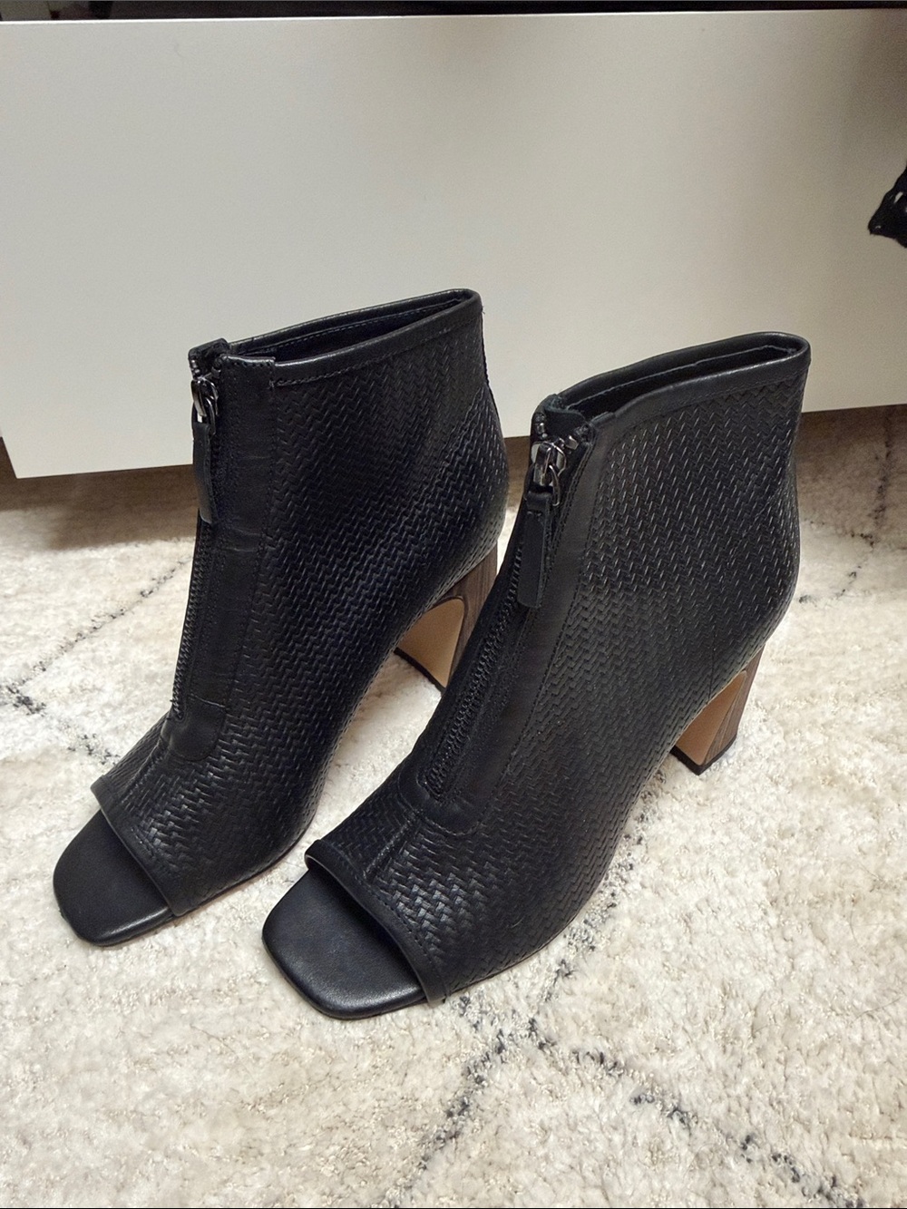 Marc Fisher Black Woven Peep-Toe Front-Zip Ankle Booties